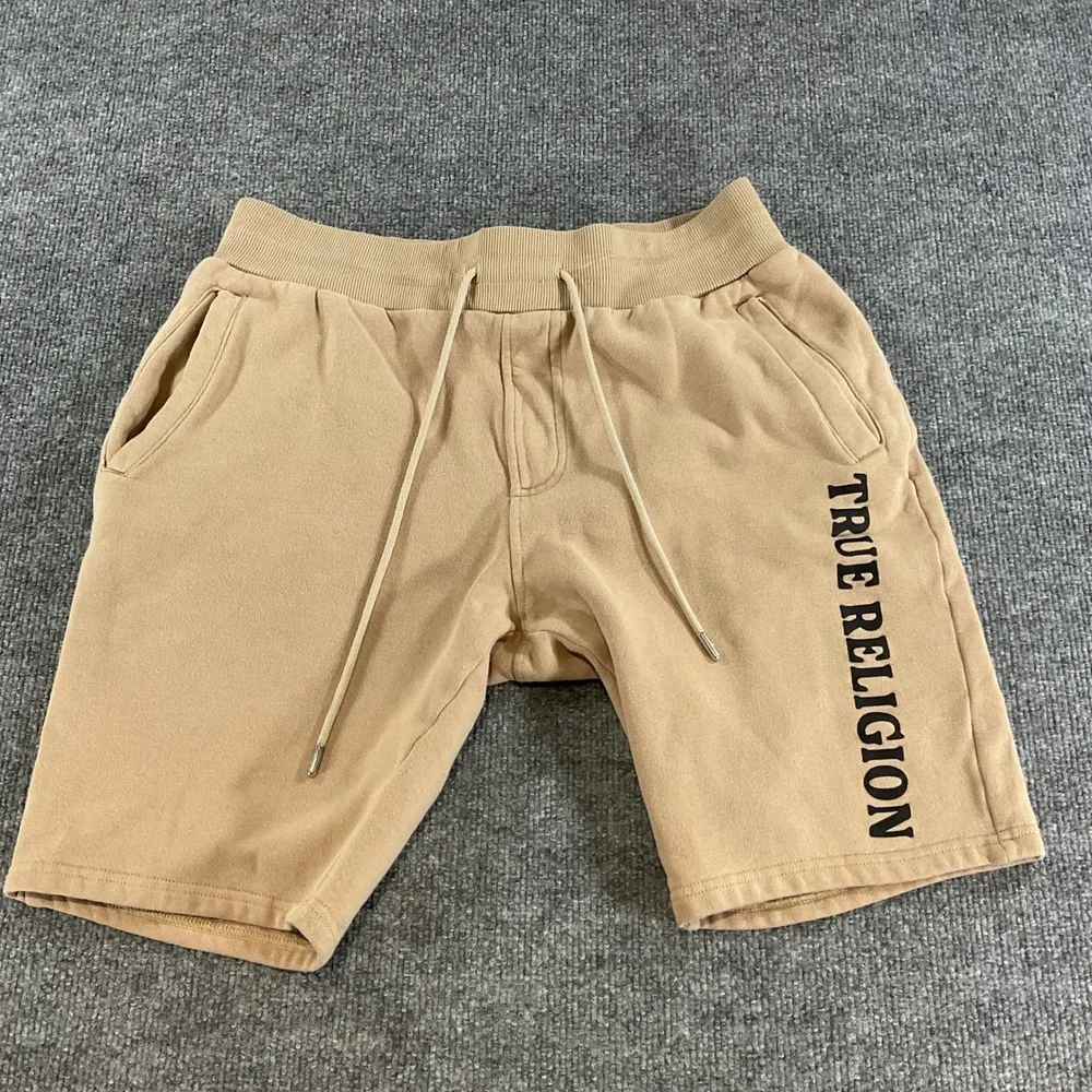 True Religion Mens Sweat Shorts Medium Beige Logo Drawstring Fleece Lounge M